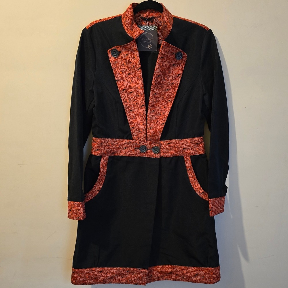 Skunkfunk Jaione Coat Womens Size 3 Black Orange Floral Brocade Trim Belted Boho